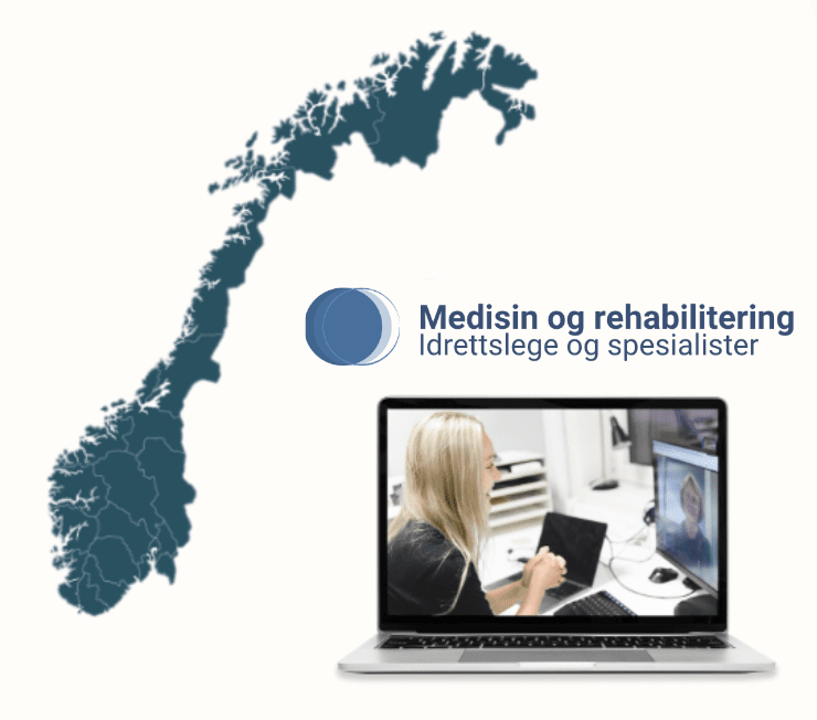 Logo og norgeskart som illustrerer våre tjenester av videokonsultasjoner / videotimer med lege for alle som bor i Norge uavhengig av geografisk lokasjon.
