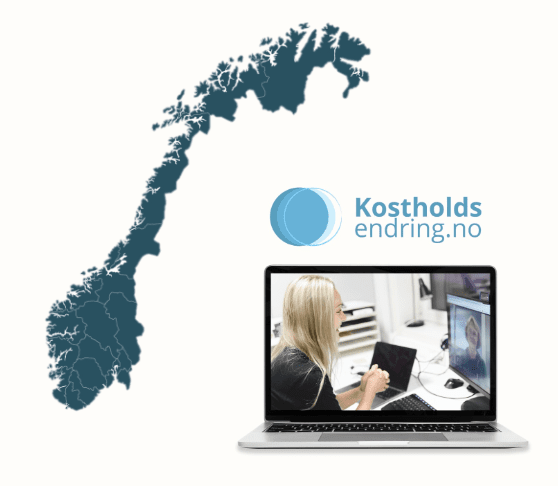 Logo og norgeskart som illustrerer våre tjenester av videokonsultasjoner / videotimer med klinisk ernæringsfysiolog og kostholdsveiledning for alle som bor i Norge uavhengig av geografisk lokasjon.